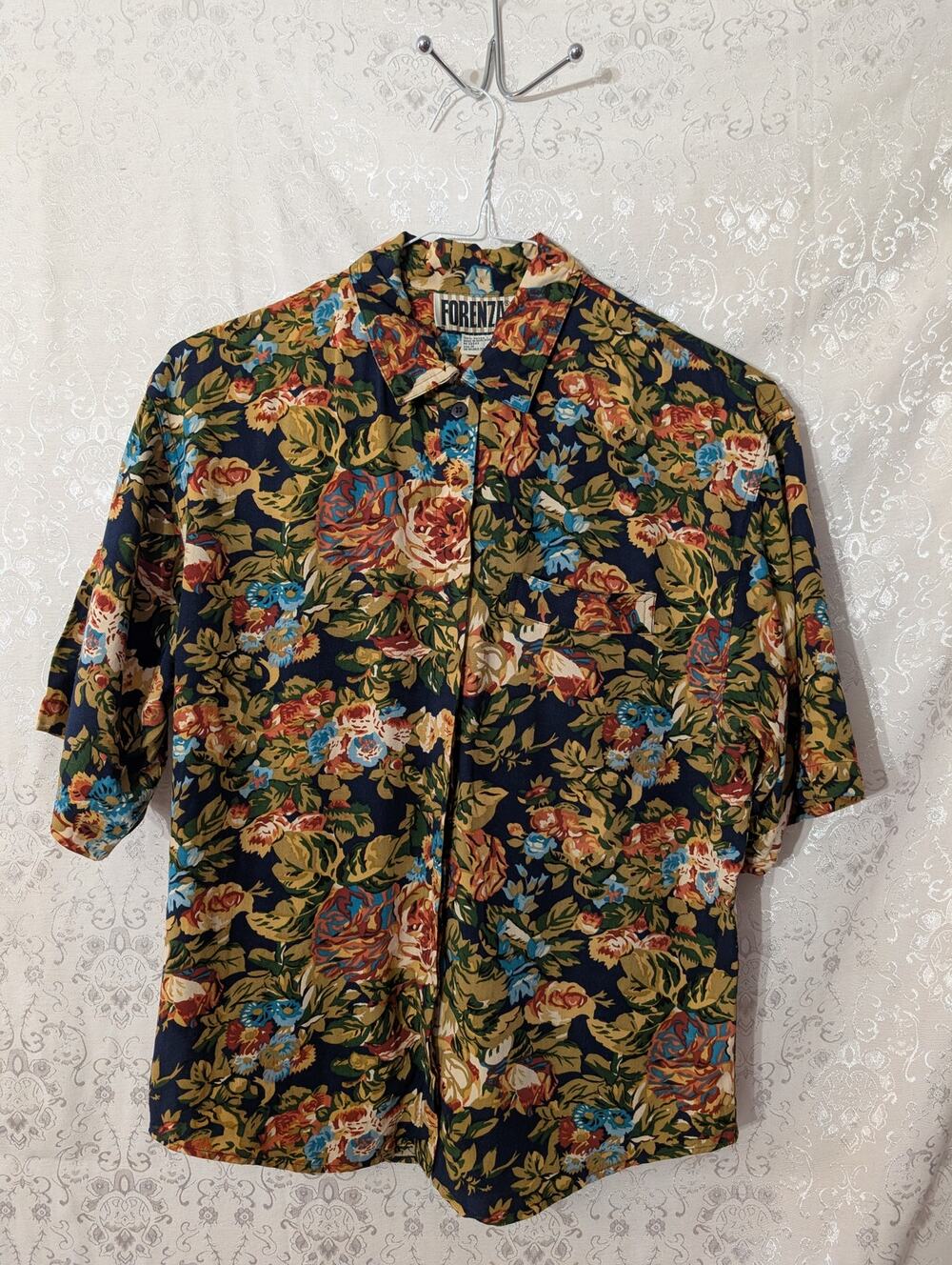 Vtg 80s 90s Forenza Moody Floral Camp Shirt Short Sleeve Button Down